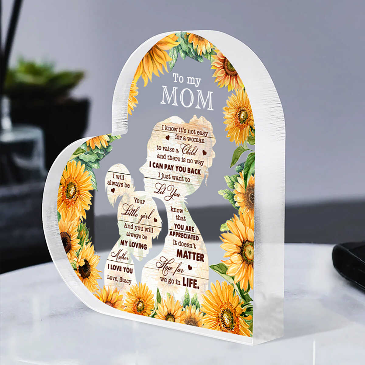 Sunflower Mommy & Daughter - Personalized Heart Shaped Acrylic Plaque - Gift For Mom From Daughter, Mother's Day, Birthday Gift