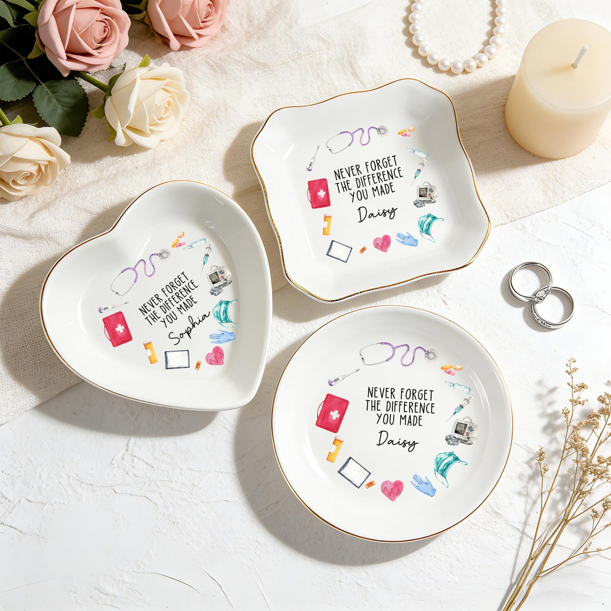 Personalized Nurse Jewelry Dish - Nurse Graduation Jewelry Dish, Stethoscope Name Trinket Dish, Never Forget The Difference You Made