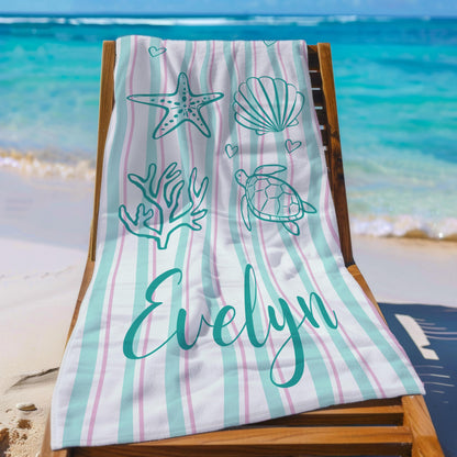 Personalized Shell & Sea Turtle Beach Towel, Custom Name Summer Beach Blanket, Spa, Pool, Travel, Fun Ocean Gift
