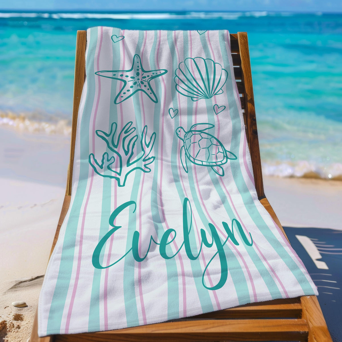 Personalized Shell & Sea Turtle Beach Towel, Custom Name Summer Beach Blanket, Spa, Pool, Travel, Fun Ocean Gift