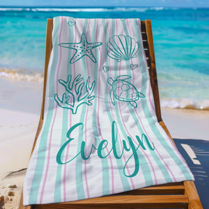 Personalized Shell & Sea Turtle Beach Towel, Custom Name Summer Beach Blanket, Spa, Pool, Travel, Fun Ocean Gift