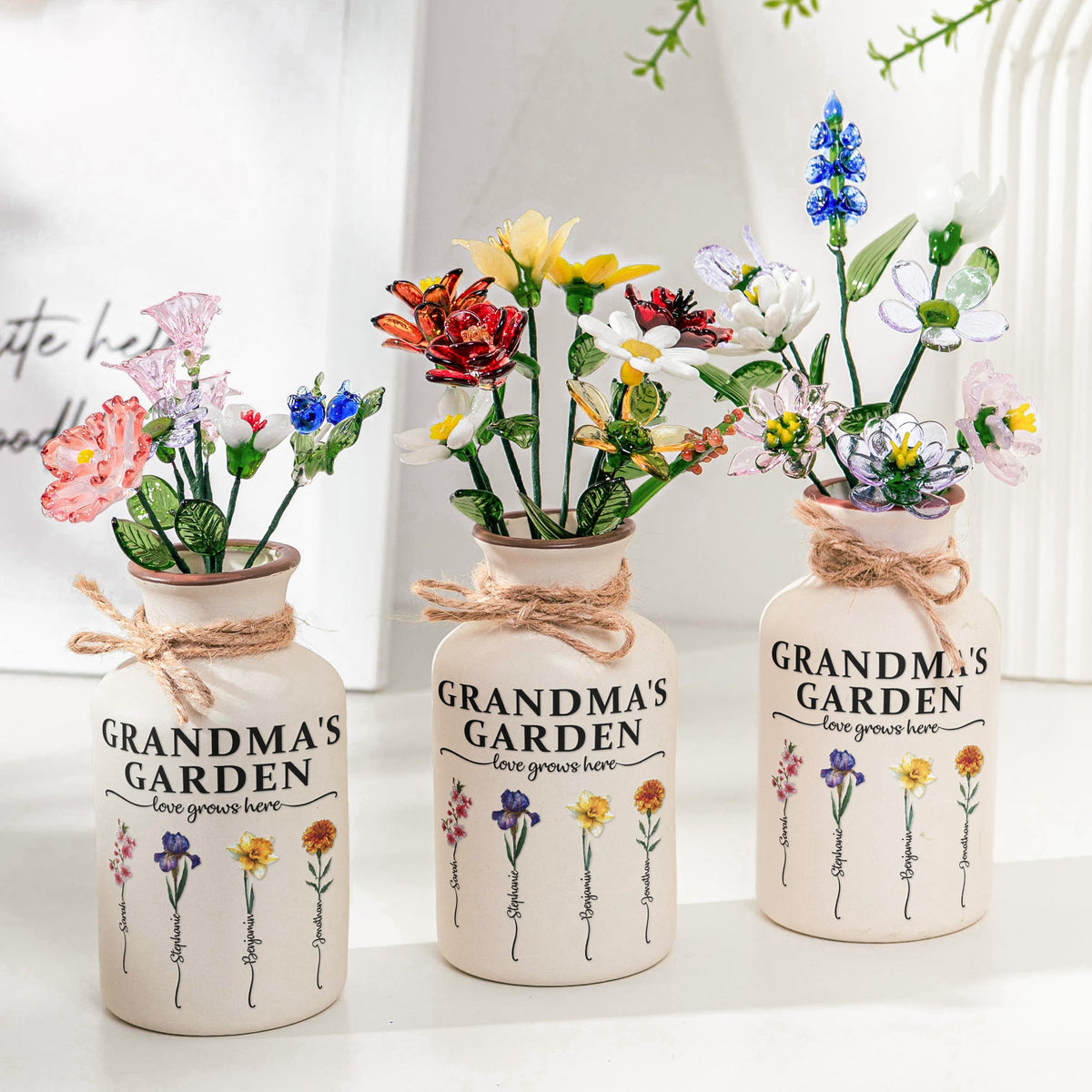 Grandma's Garden - Personalized Ceramic Vase With Glass Flower - Gift For Grandma Mom, Mother's Day Gift
