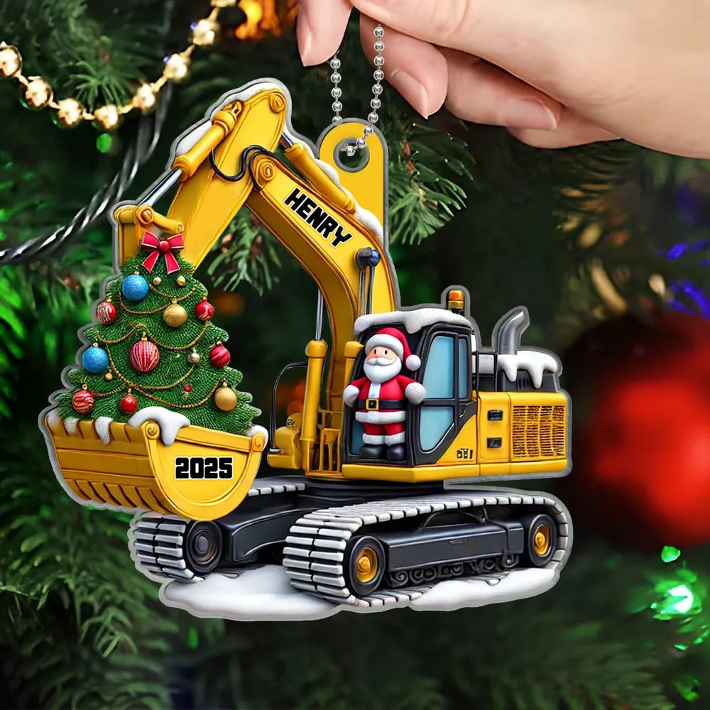 Personalized Xmas Excavator Construction Backhoe 3D Effect Ornament, Xmas Gift For Kids