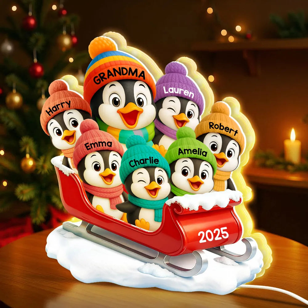 3D Effect Cute Grandma Grandkids Penguin On Sleigh - Personalized Acrylic Light Box - Christmas Gift For Grandma