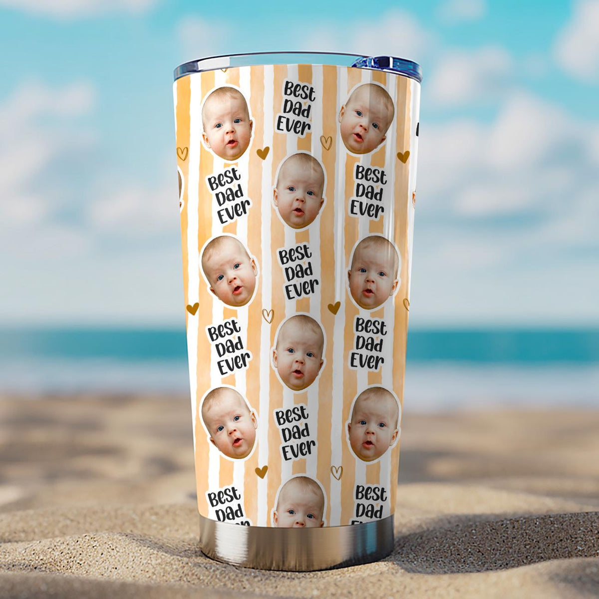 Custom Baby Face Tumbler, Personalized Best Dad Ever Stripes Travel Mug, Funny Repeat Photo Face Coffee Cup, First Fathers Day Gift From Wife
