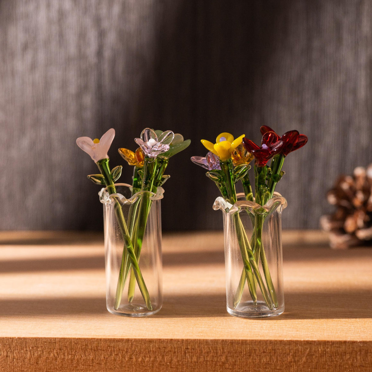 Mini Glass Flower Vase, Handcrafted Floral Figurine, Miniature Flowers Bouquet, Mother's Day Gift