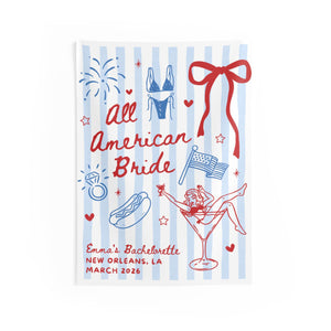 All American Bride Bachelorette Banner, 4th of July Cocktail Party Decor, BBQ Bachelorette Backdrop, Bach Photo Booth, Weenies Bridal Shower