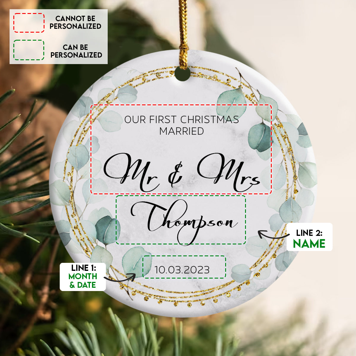 Our First Christmas Married Gold Leaves Frame - Personalized Ornament - Christmas Gift