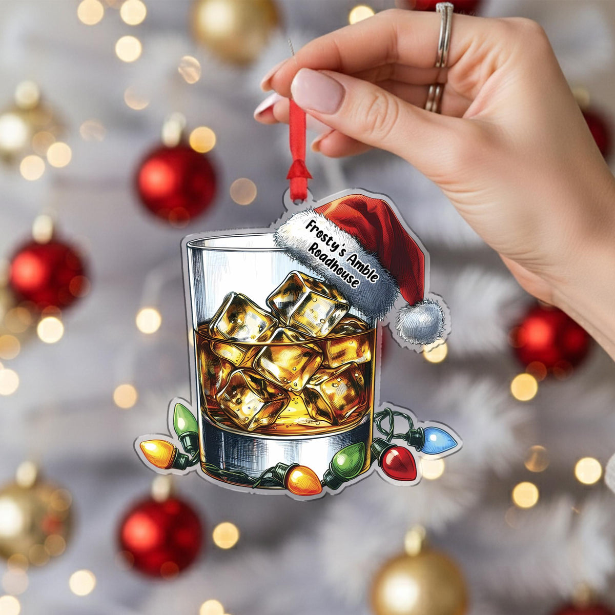 Bourbon Glass Santa Hat - Personalized Acrylic Ornament - Christmas Gift For Friends, Family, Christmas Tree Decoration