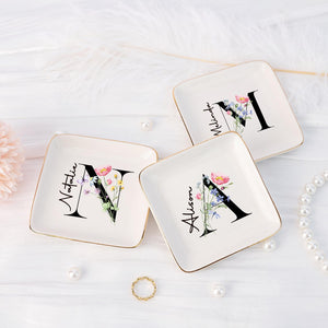 Coloful Flower Ring Dish with Letter, Personalized Initial Jewelry Dish with Name, Bridal Party Favors,Trinket Dish, Wedding Bridesmaid Gift