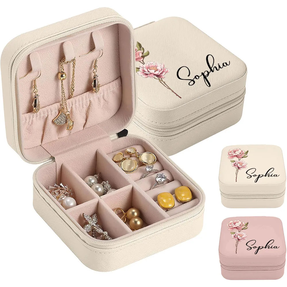 Birth Month Flower With Name - Personalized Square Jewelry Box - Gift For Mom, Mother's Day, Birthday Gift