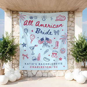 All American Bride Bachelorette Tapestry, Independence Day Bach Banner Decor, Custom Fourth Of July American Backdrop, 4th of July BridalShower
