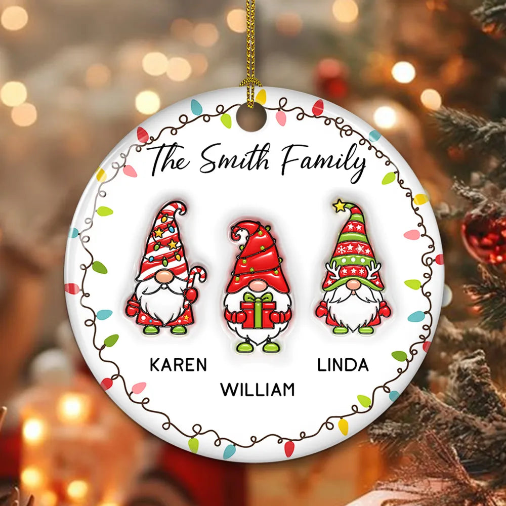 3D Inflated Effect Christmas Gnomes Family - Personalized Ceramic Ornament - Christmas Gift For Family