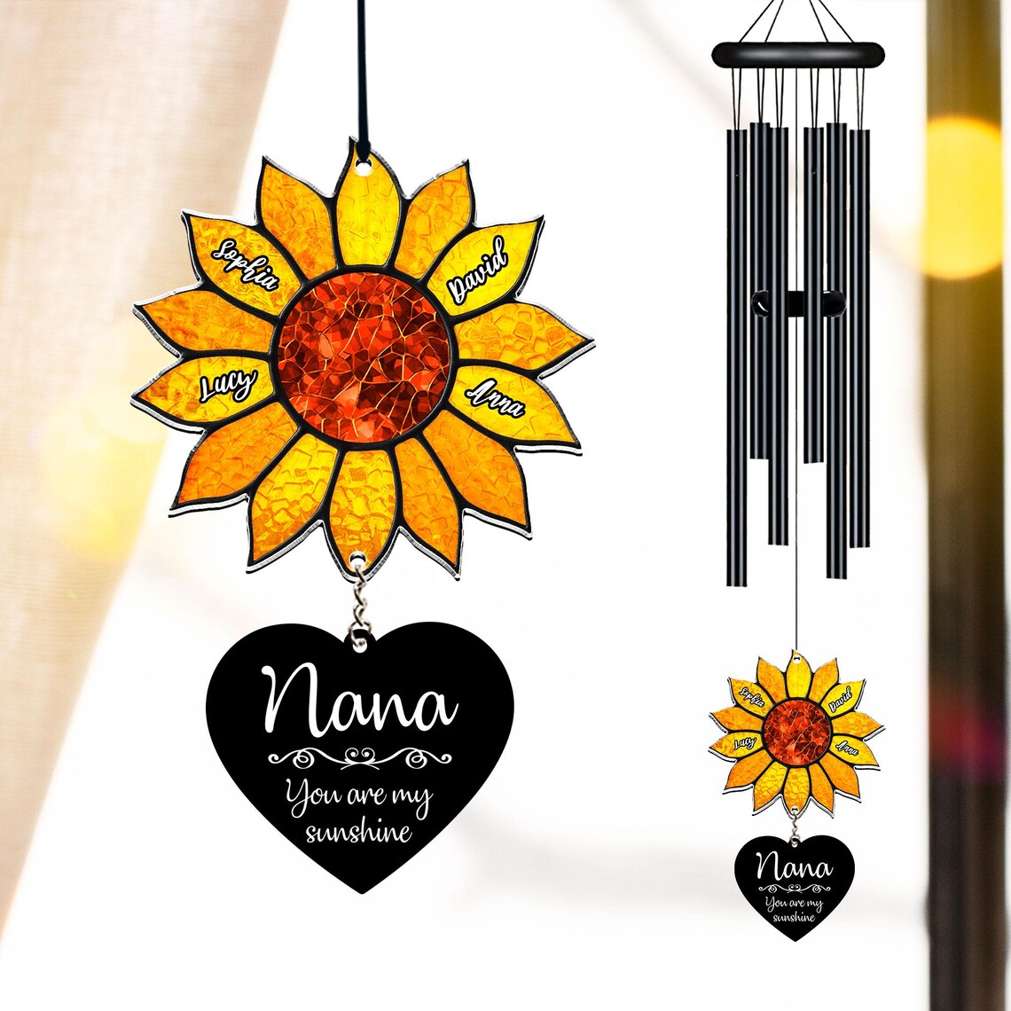 Personalized Sunflower Wind Chime, Custom Grandkids Names, Nana Gift