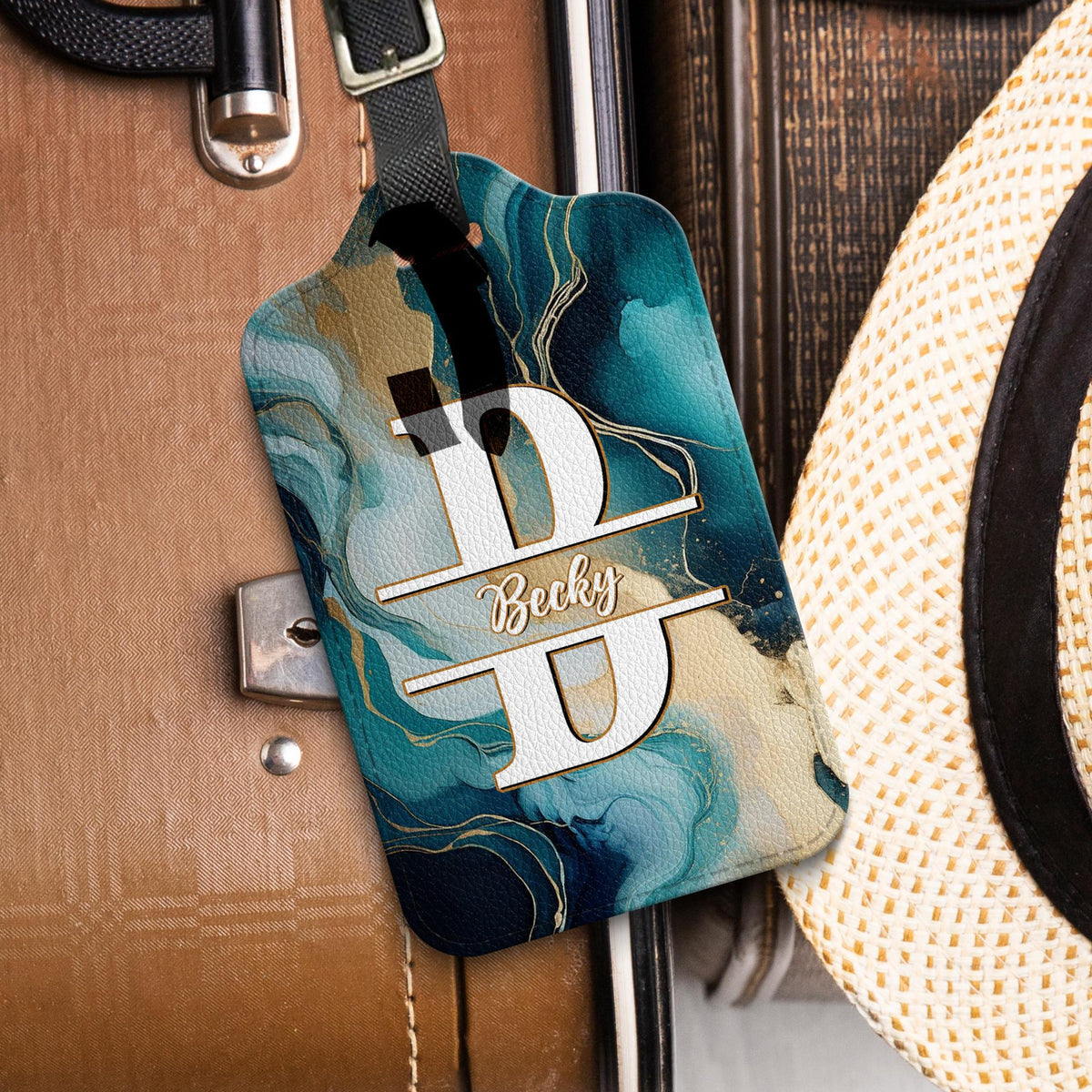 Custom Leather Luggage Tag with Monogram, Personalized Name & Design, Unique Travel Gift for Her Him
