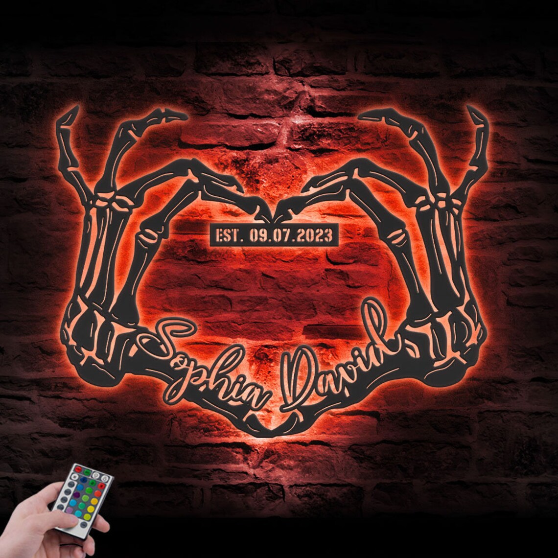Custom Skeleton Hand Heart Name And Date Metal Wall Art LED Light, Personalized Heart Infinity Sign Decor, Couple Halloween Love Decoration