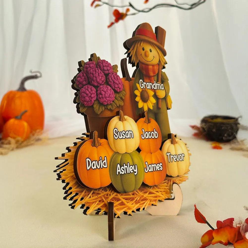 Fall Scarecrow Grandma with Pumpkins Grandkids Names - Personalized Wooden Plaque - Autumn Gift For Grandma & Family