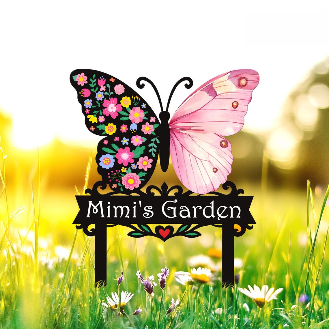 Custom Butterfly Garden Sign With Stakes, Butterfly Metal Sign, Mother's Day Gift, Flower Bed Decor, Metal Yard Art, Nana's Blessings