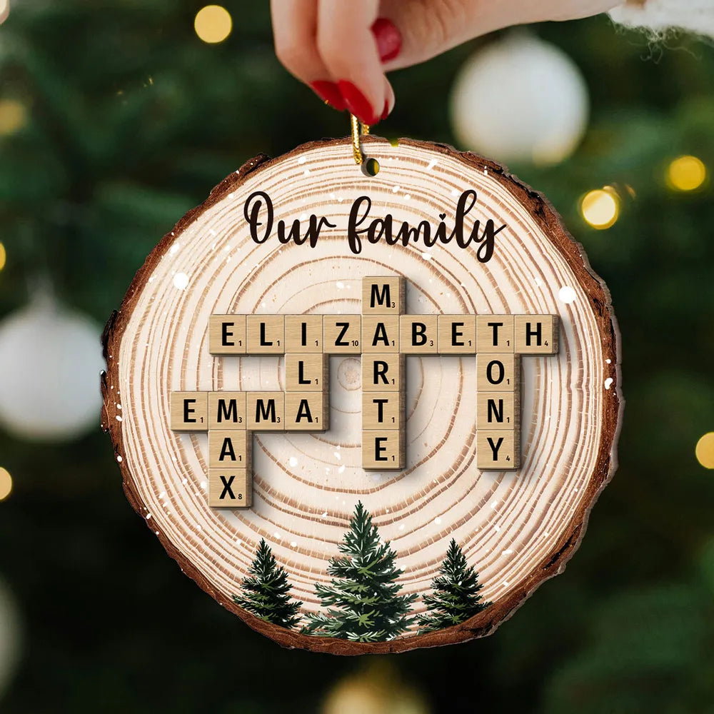 Christmas Tree Wood Pattern Family Names Puzzle Crossword - Personalized 2-Layer Wooden Ornament - Christmas Gift For Family