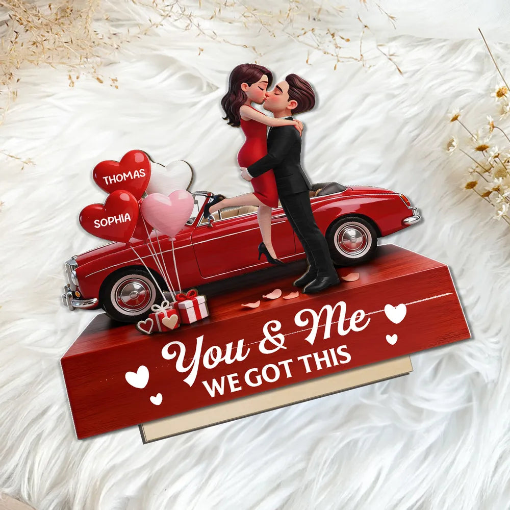 Valentine Car Romantic Couple Hugging Kissing - Personalized Wooden Plaque With Flat Base - Valentine's Day Gift For Couple