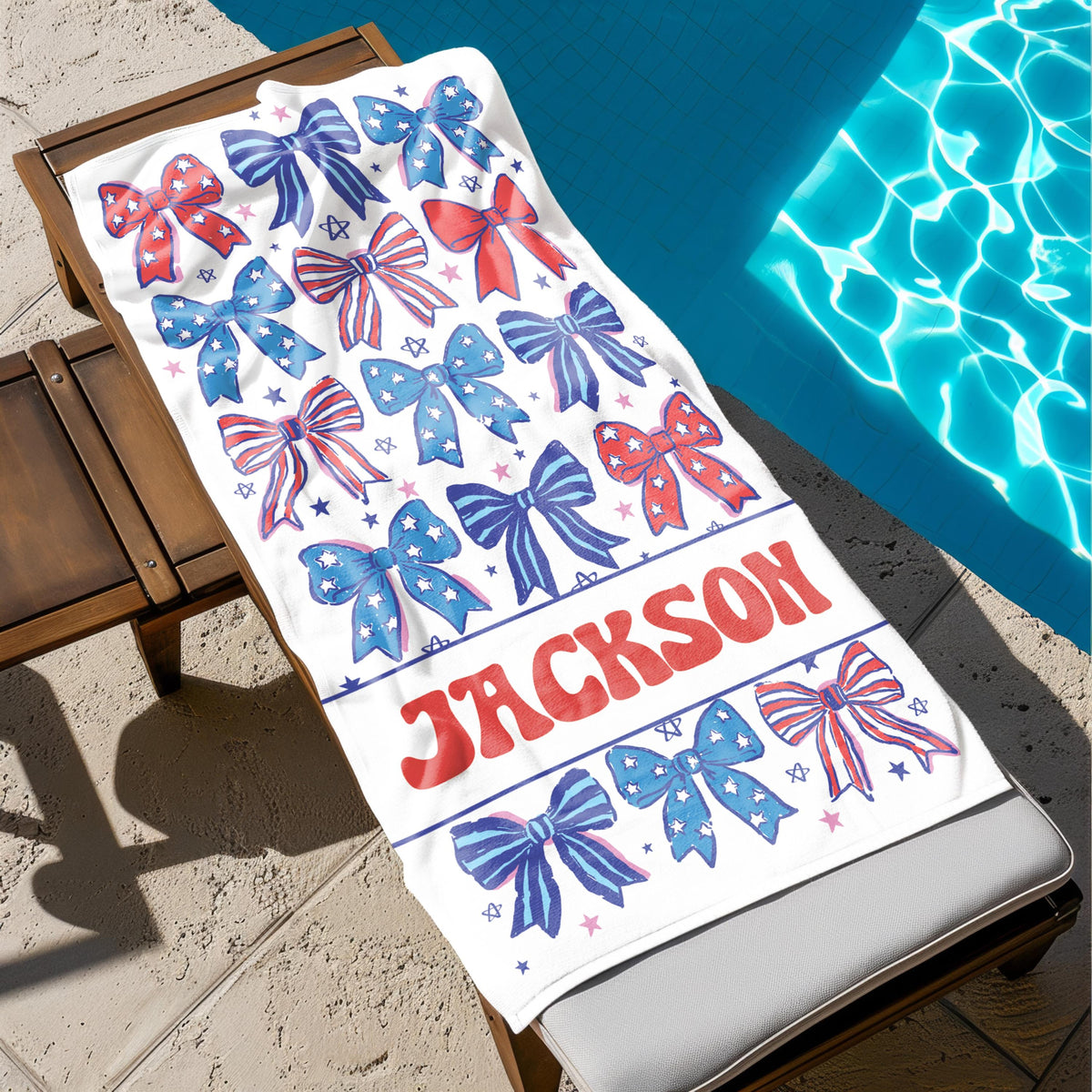 Personalized Patriotic Bow Beach Towel, Custom Name USA Stars & Stripes Design, 4th of July Summer Gift for Girls, Red White Blue Towel