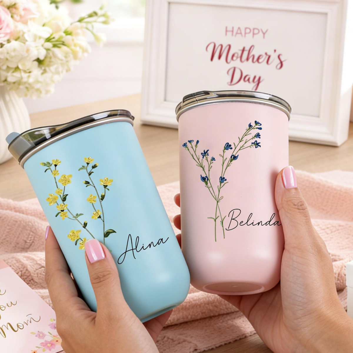 Birthday Flower Tumbler, Wildflower 10oz Personalized Coffee Cup, Custom Name Gift for Her