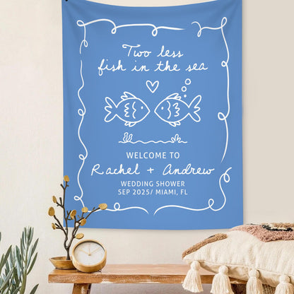 Personalized Bachelorette Party Decor, Custom Two Less Fish In The Sea Bachelorette Party Banner Fishing Couples Bachelorette Party Backdrop