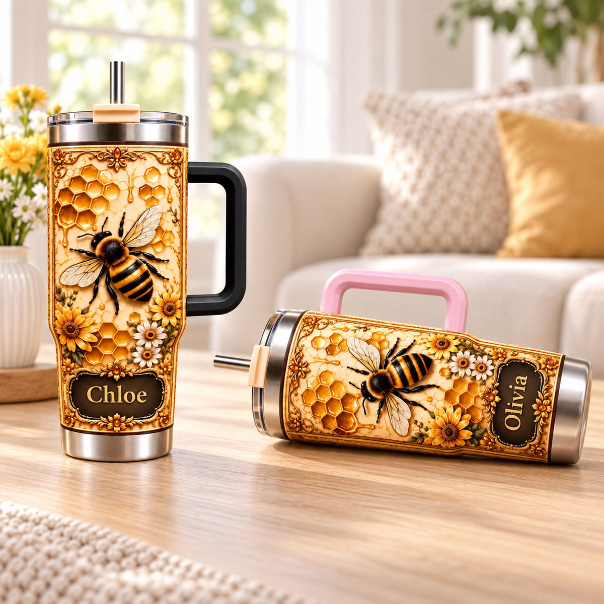Floral Bee And Honey - Personalized Tumbler
