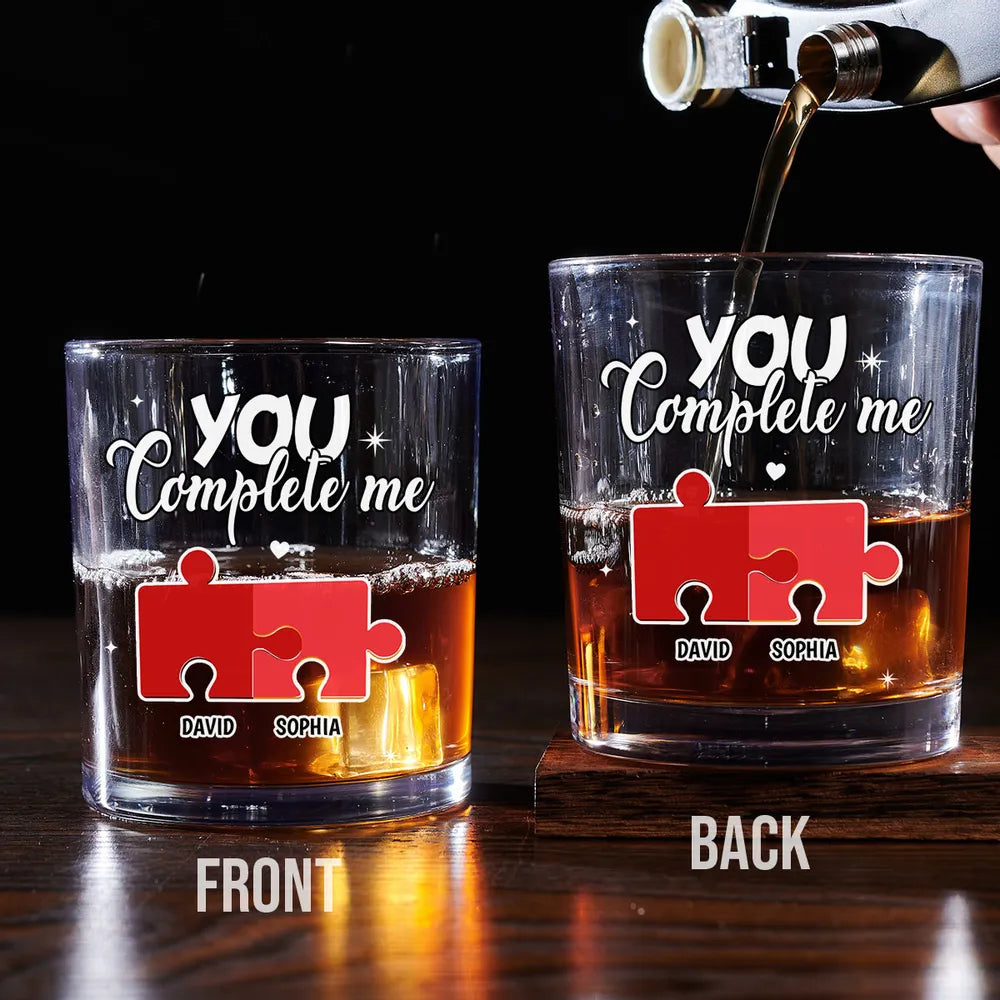 You Complete Me - Personalized Whiskey Glass - Anniversary Gift, Valentine's Day Gift For Couple