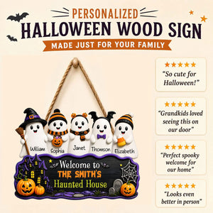 Halloween Welcome To Grandma Grandpa Haunted House Cute Boo Kids - Personalized Wood Sign - Halloween Decoration For Grandparents