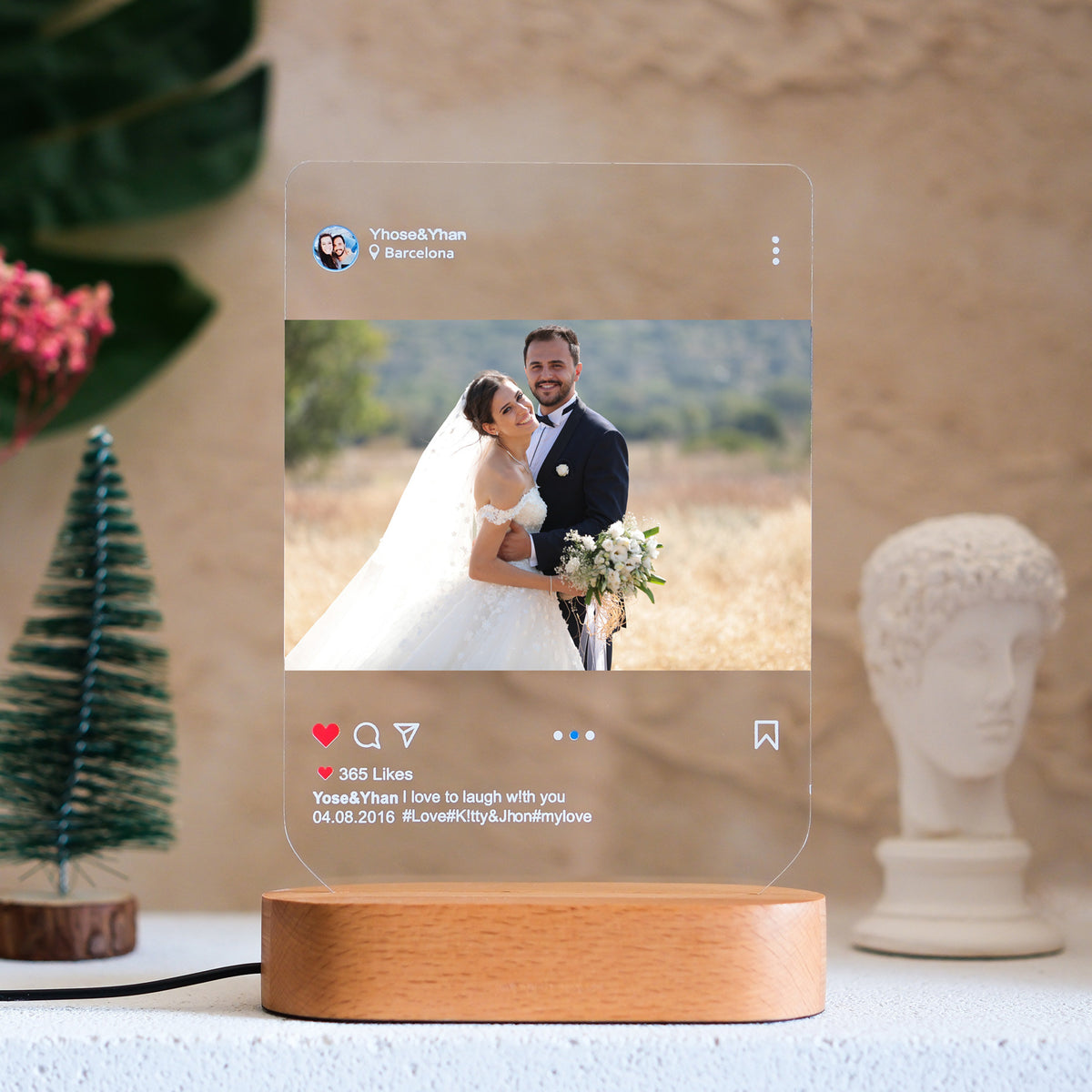 Custom Wedding Photo - Personalized 3D LED Light Wooden Base - Gifts For Couple