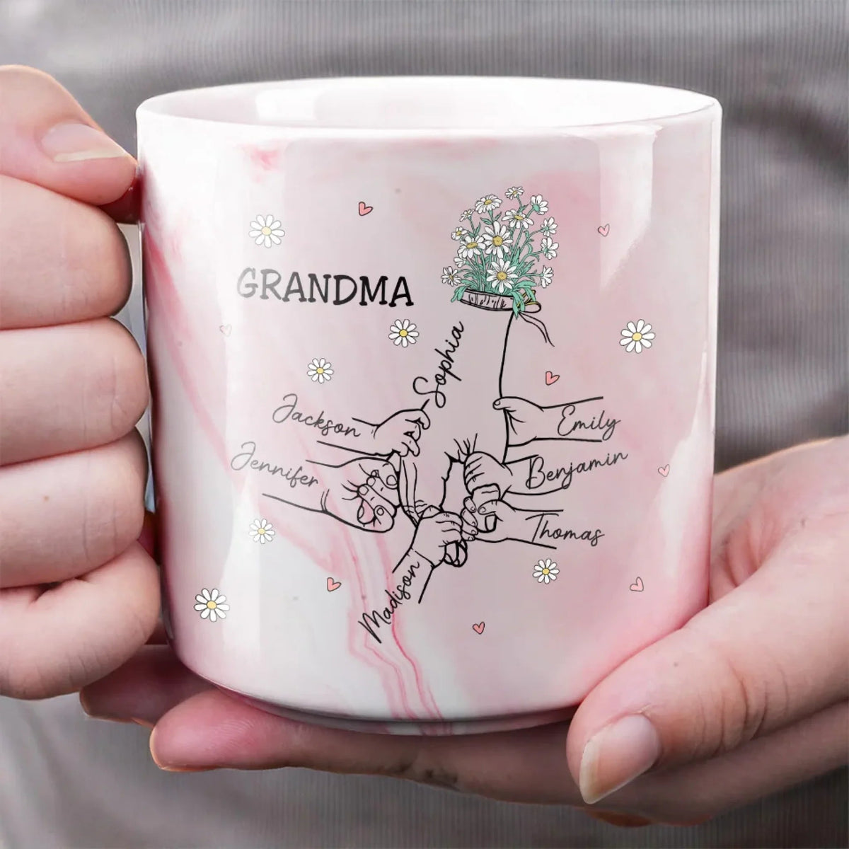 Mom And Kids Holding Hands - Personalized Marble Mug - Gift For Mom, Grandma, Mother's Day, Birthday Gift