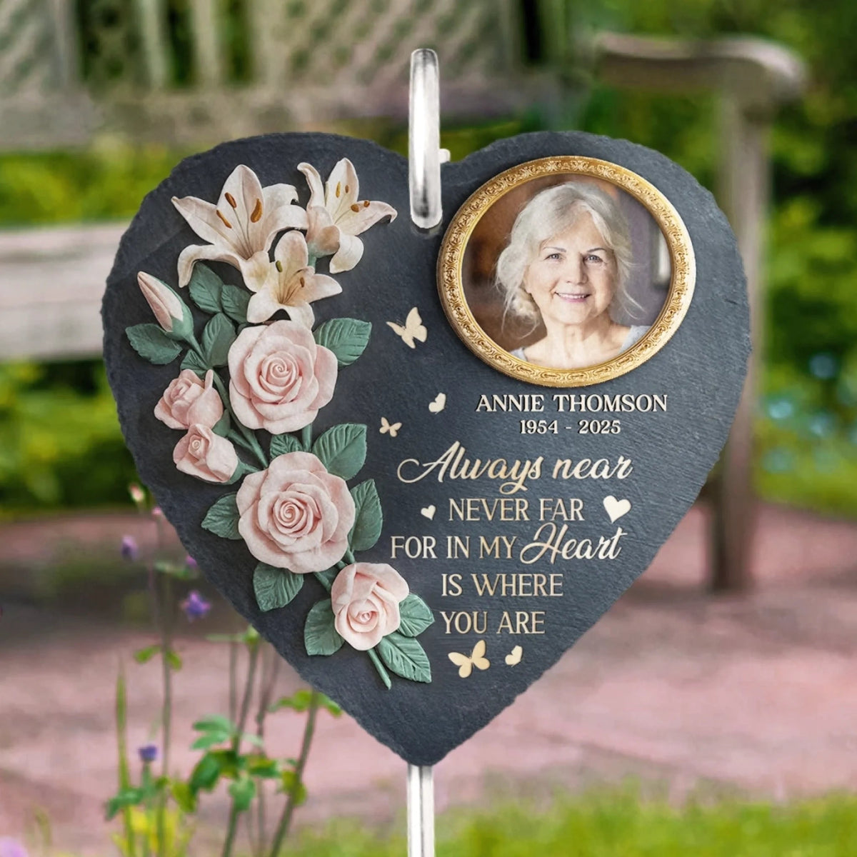 In My Heart Is Where You Are Roses And Lilies - Personalized Slate Plaque - Sympathy Gift For Family Members, Memorial Gift