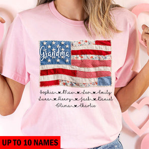 Mimi Shirt with Kids Names Patriotic Patchwork American Flag Design Custom Family Tee