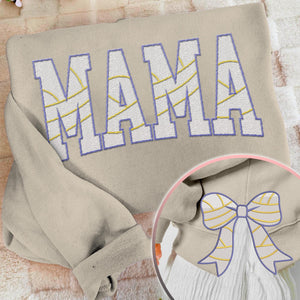 MAMA Volleyball Coquette Side Bow Sweatshirt, Retro Trendy Coquette Lover Sweater, Bow Applique Pink Girl Gifts