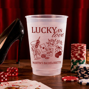 Personalized Lucky in Love Frosted Cups, Custom Las Vegas Bachelorette Party Cups, Casino Bach Weekend Favors, Vegas Girls Night Cups Favor