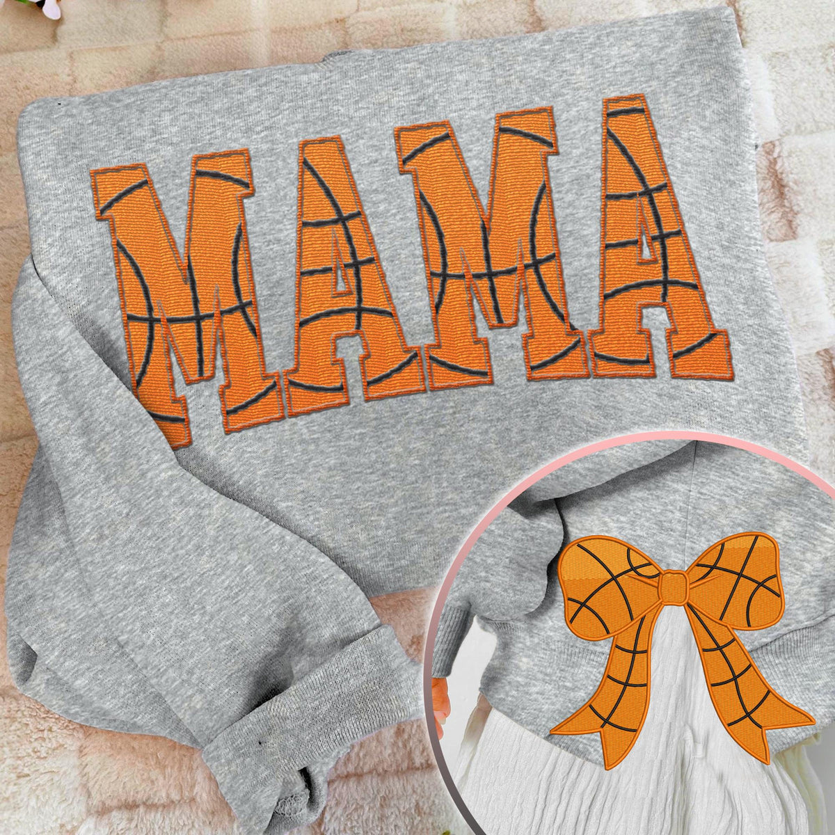 MAMA Basketball Coquette Side Bow Sweatshirt, Retro Trendy Coquete Lover Sweater, Bow Applique Pink Girl Gifts