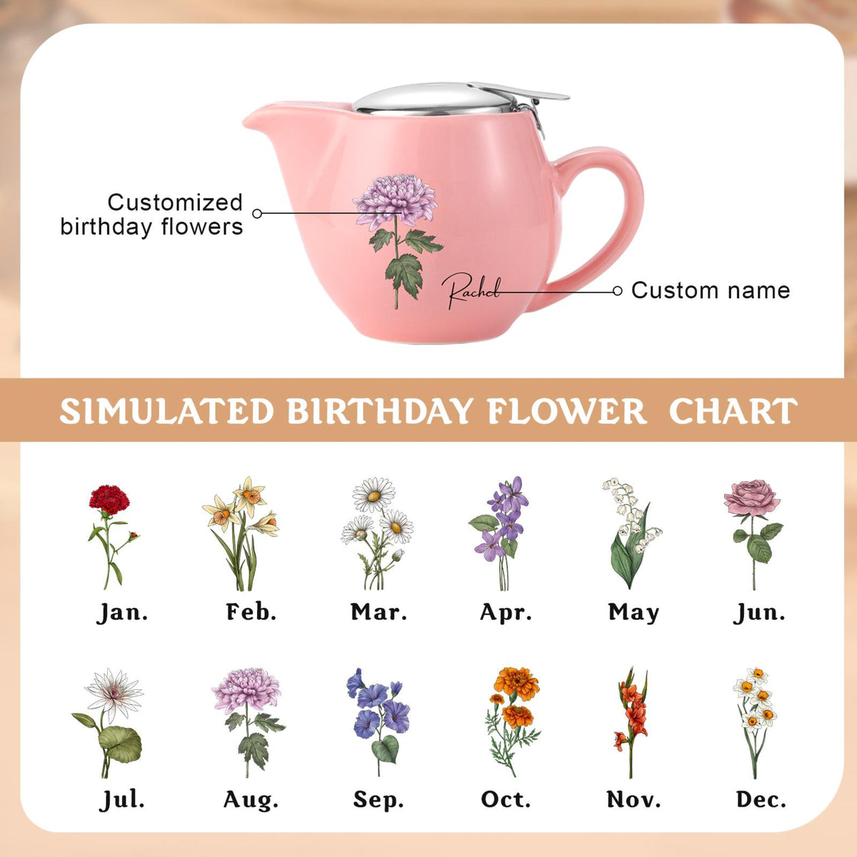 Personalized Ceramic Birth Flower Teapot, Custom Name Ceramic Tea Pot, Floral Teapot, Tea Lover Gift, Afternoon Tea Party, Gift For Her, Mother's Day Gift