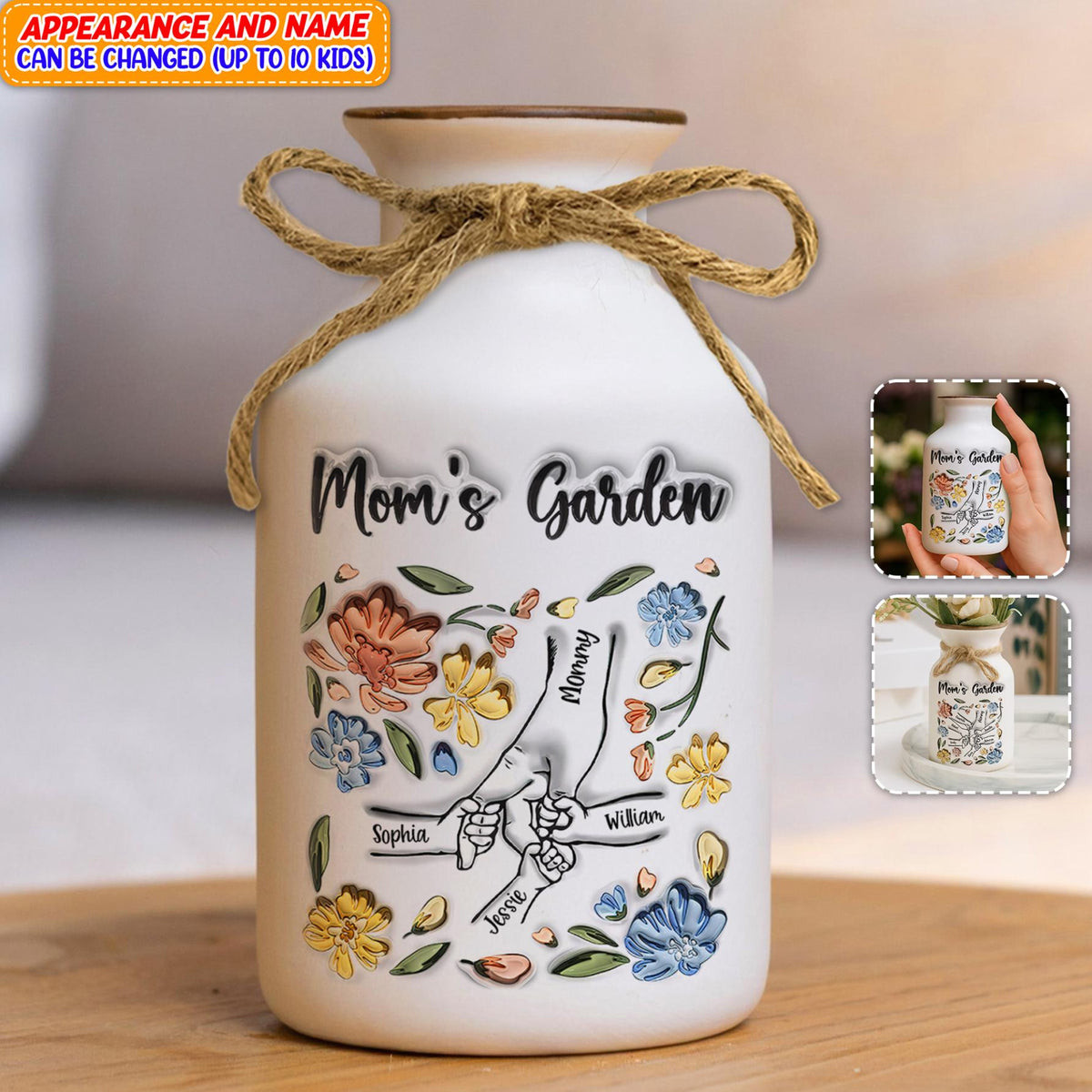 Personalized Mom's Garden Vase, Custom Kid Name Flower Jar, Mother's Day Gift, Family Flower Pot, Unique Mom Decor
