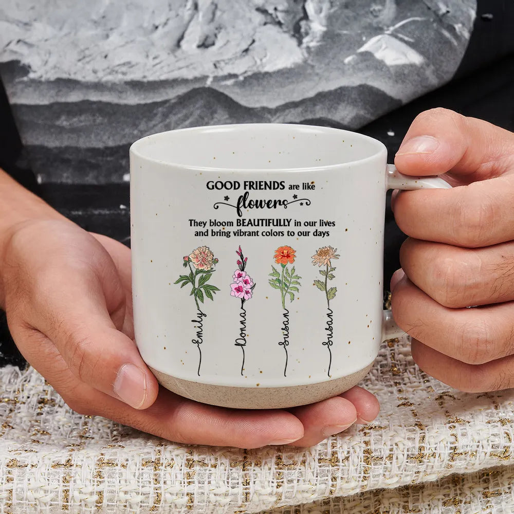 Friends Like Stars They're Always There Colorful Birth Month Flowers - Personalized Pottery Mug - Gift For Sisters, Besties