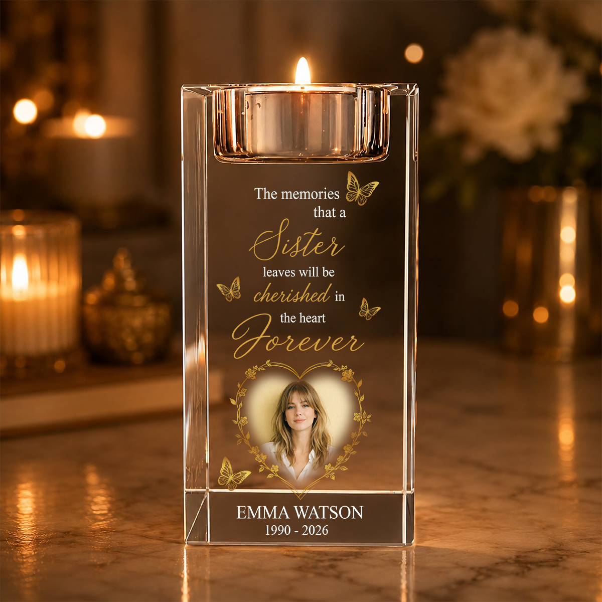 Cherished In The Heart Memorial Personalized Crystal Candle Holder