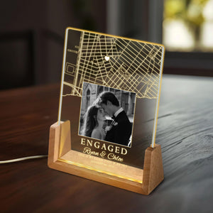 Custom Led Light with Couple Photo and Map, Personalized Map Print Night Light, Engagement Table Lamp, Newly Engaged Gift, Gift for Couple