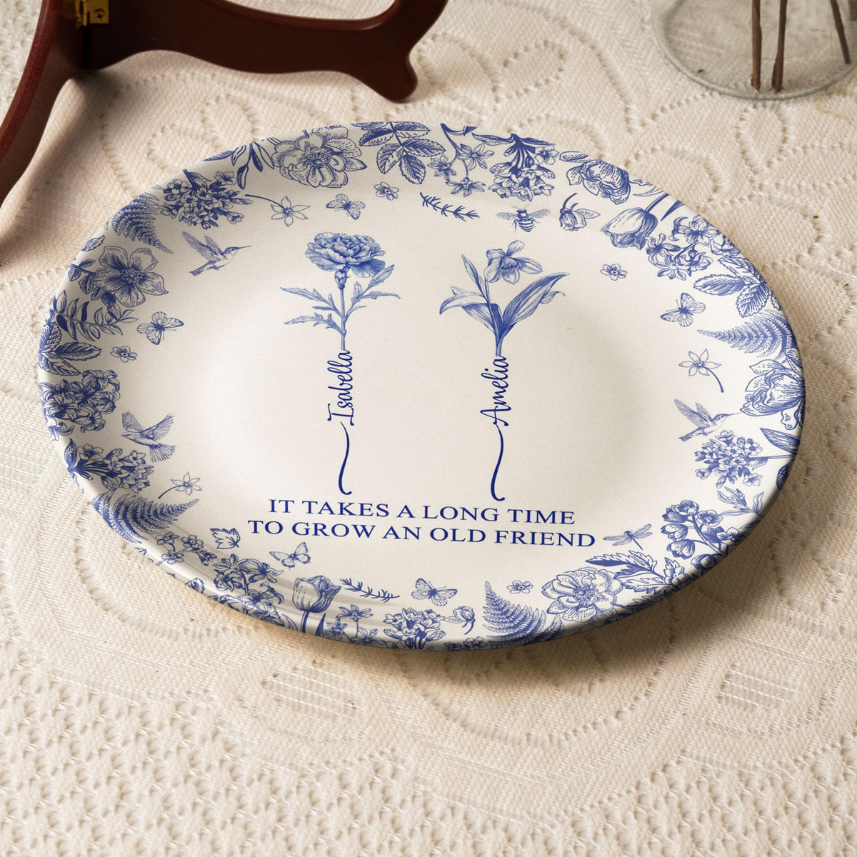 It Takes A Long Time To Grow An Old Friend, Custom Birth Flower Toile De Jouy, Personalized Ceramic Plate, Custom Gift for Best Friend