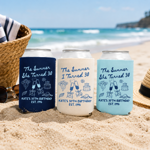 The Summer I Turned Thirty Birthday Can Coolers, 30th, 40th, 50th Birthday Personalized Can Sleeves, Beach Coastal Birthday Party Favors