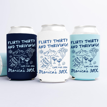 Flirty Thirty and Thriving Birthday Can Coolers, 30th Birthday Personalized Can Sleeves, Beach Coastal Birthday Party Favors