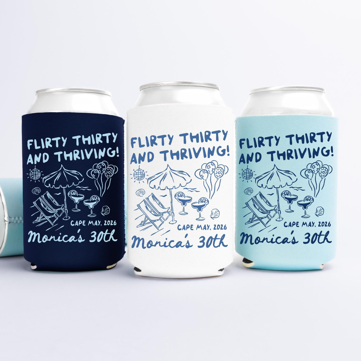 Flirty Thirty and Thriving Birthday Can Coolers, 30th Birthday Personalized Can Sleeves, Beach Coastal Birthday Party Favors