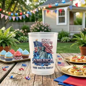 Personalized America Freedom Frosted Party Cup, Custom Family Name Independence Day Drinkware, 4th Of July Gift