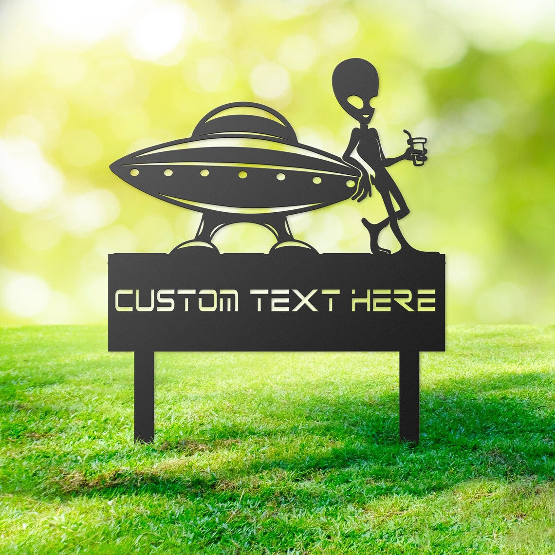 Alien & Spaceship Yard Stake, Custom Metal Alien Garden Yard Art, Outer Space Yard Decor, Funny Alien Yard Stake