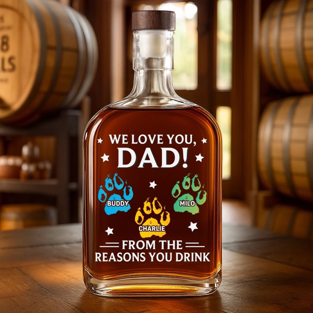 To Dad From The Reasons You Drink Cat & Dog Paw - Personalized Whiskey Bottle - Gift For Cat Dad, Dog Dad, Father's Day