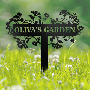 Custom Metal Garden Sign, Bird & Flower Design, Personalized Name Sign